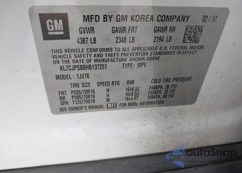 2017 Chevrolet Trax Lt z USA, uszkodzony, nr VIN KL7CJPSB8HB137251